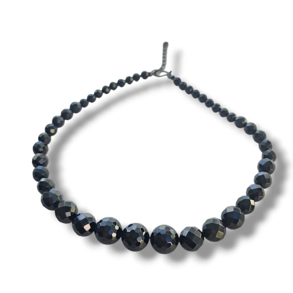 Jay King DTR Signed Ebony Black Onyx Silver Fasceted‎ Large Beaded Necklace New